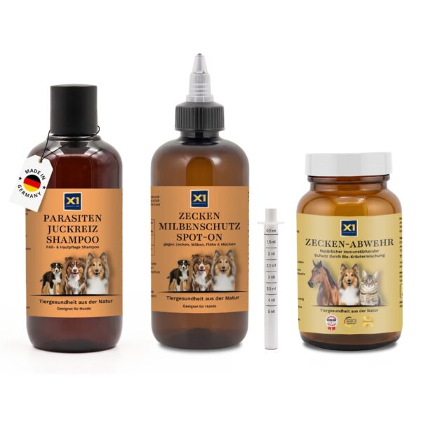 Bundle Hund - Zecken Spot-On 250ml, Zeckenabwehr Pulver 100g, Shampoo Parasiten 100ml